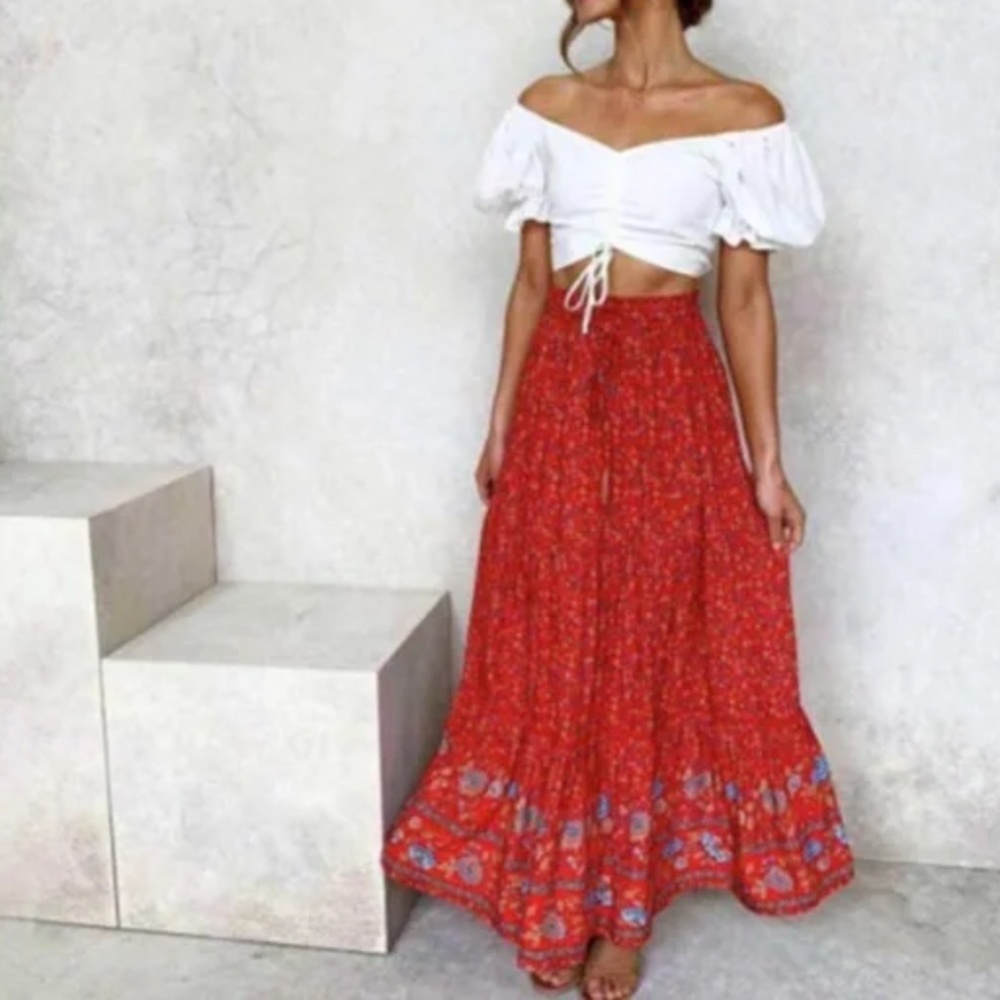 Boho Red gypsy floral print ruffle maxi skirt - Picture 1 of 9